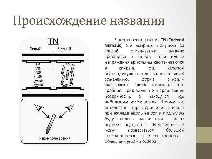 Происхождение названия Часть своего названия TN (Twisted Nematic) эти матрицы получили за способ организации