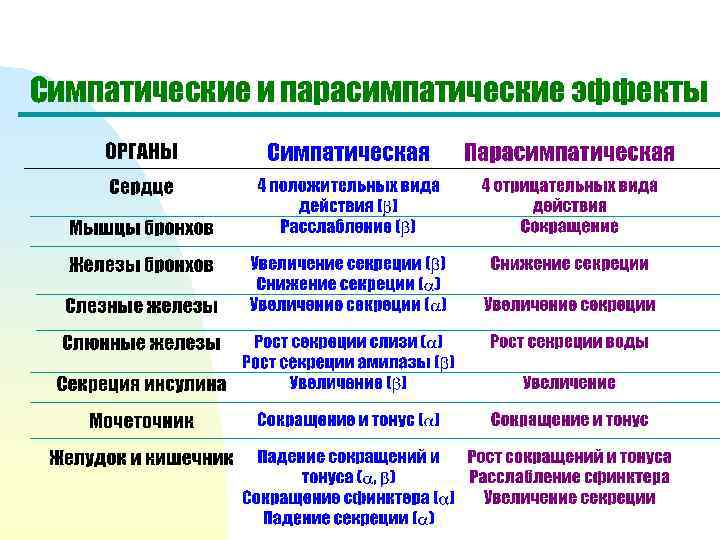 Симпатические и парасимпатические эффекты 