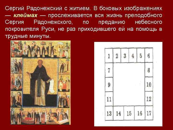 Сергий Радонежский с житием. В боковых изображениях — клеймах — прослеживается вся жизнь преподобного