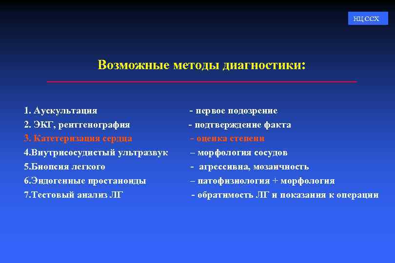 НЦ ССХ Возможные методы диагностики: 1. Аускультация 2. ЭКГ, рентгенография 3. Катетеризация сердца 4.