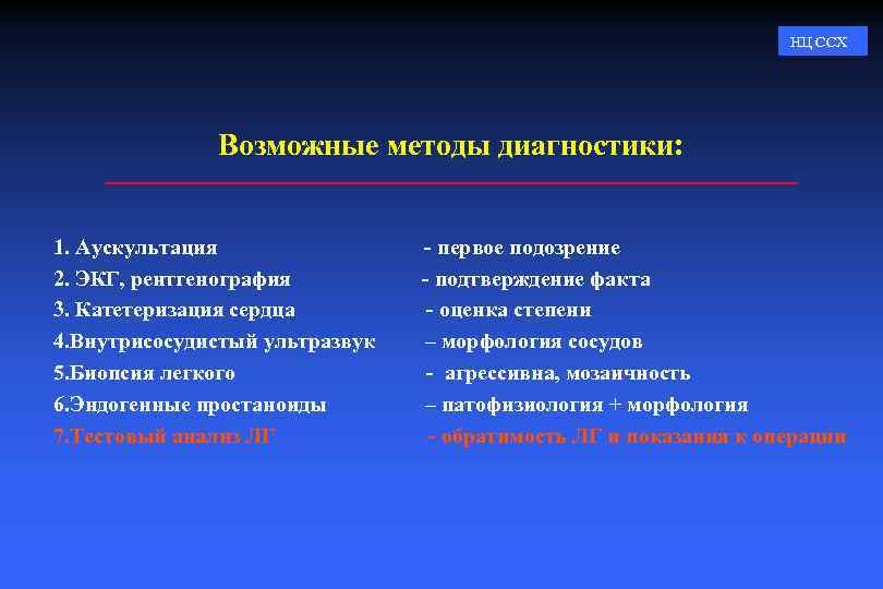 НЦ ССХ Возможные методы диагностики: 1. Аускультация 2. ЭКГ, рентгенография 3. Катетеризация сердца 4.