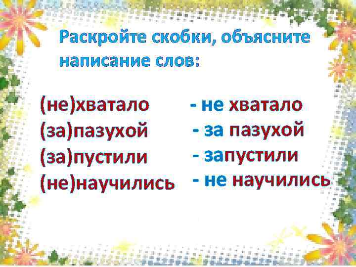 Раскройте скобки, объясните написание слов: (не)хватало (за)пазухой (за)пустили (не)научились - не хватало - за