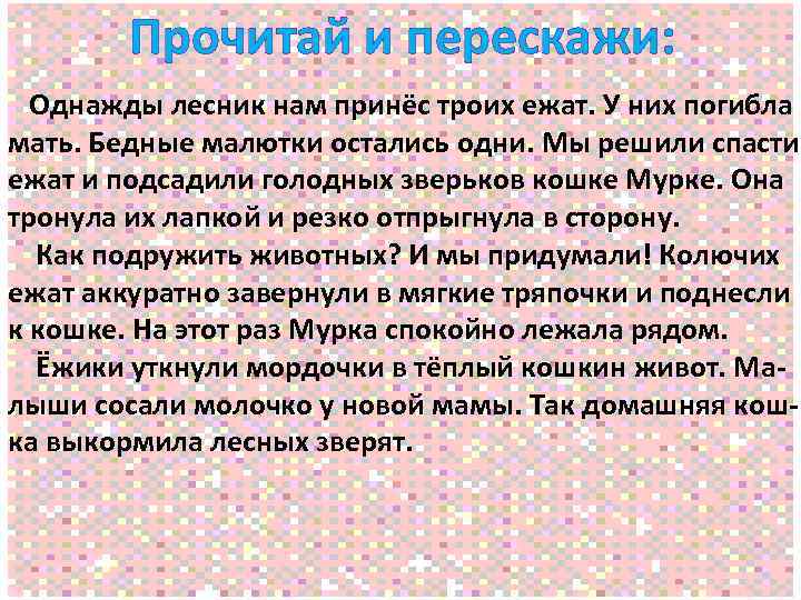 Прочитай и перескажи: Однажды лесник нам принёс троих ежат. У них погибла мать. Бедные