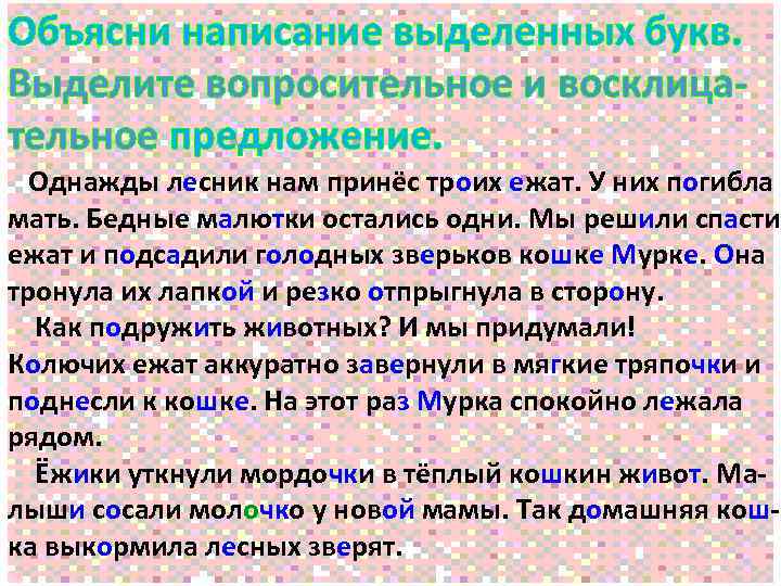 Объясни написание выделенных букв. Выделите вопросительное и восклицательное предложение. Однажды лесник нам принёс троих