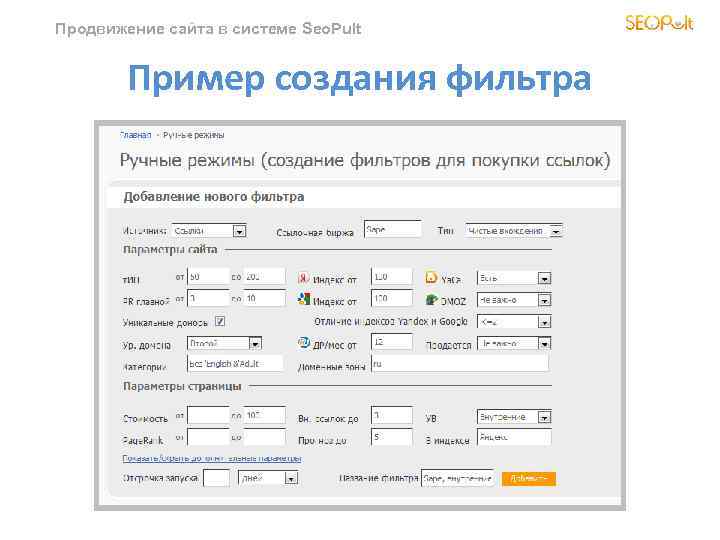 Продвижение сайта в системе Seo. Pult Пример создания фильтра 