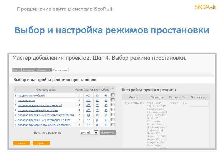 Продвижение сайта в системе Seo. Pult Выбор и настройка режимов простановки 