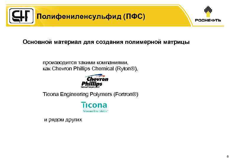 Полифениленсульфид (ПФС) Основной материал для создания полимерной матрицы производится такими компаниями, как Chevron Phillips