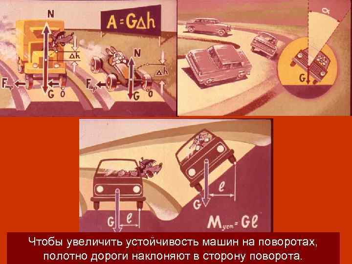 Чтобы увеличить устойчивость машин на поворотах, полотно дороги наклоняют в сторону поворота. 