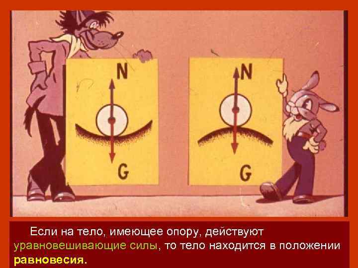 Если на тело, имеющее опору, действуют уравновешивающие силы, то тело находится в положении равновесия.