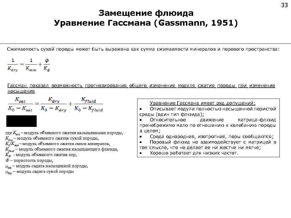 Модуль сжатия. Уравнение Гассмана. График Гассмана. Сжимаемость порового пространства. Уравнение флюида.