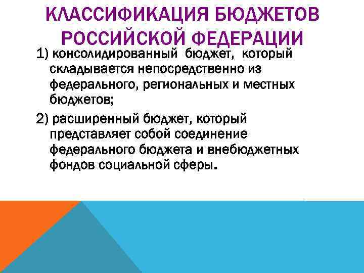 КЛАССИФИКАЦИЯ БЮДЖЕТОВ РОССИЙСКОЙ ФЕДЕРАЦИИ 1) консолидированный бюджет, который складывается непосредственно из федерального, региональных и