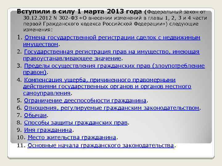 Вступили в силу 1 марта 2013 года (Федеральный закон от 30. 12. 2012 N