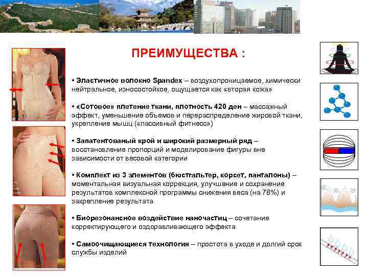 ПРЕИМУЩЕСТВА : • Эластичное волокно Spandex – воздухопроницаемое, химически нейтральное, износостойкое, ощущается как «вторая