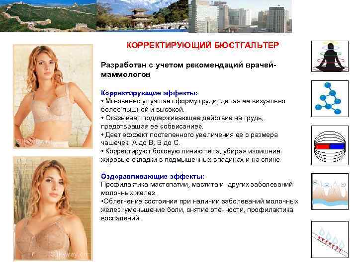 КОРРЕКТИРУЮЩИЙ БЮСТГАЛЬТЕР Разработан с учетом рекомендаций врачеймаммологов Корректирующие эффекты: • Мгновенно улучшает форму груди,