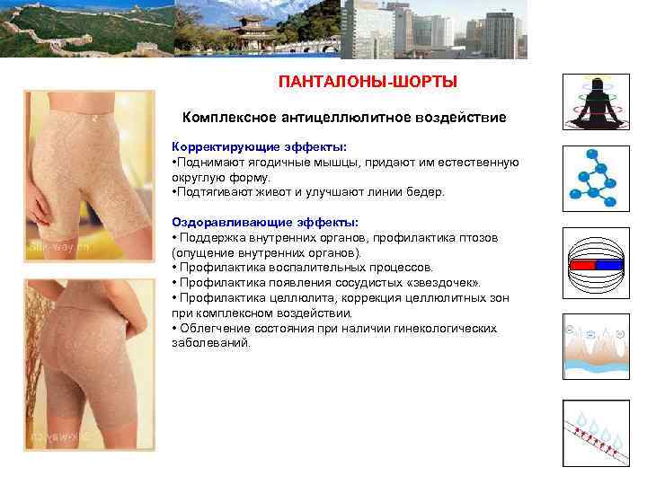 ПАНТАЛОНЫ-ШОРТЫ Комплексное антицеллюлитное воздействие Корректирующие эффекты: • Поднимают ягодичные мышцы, придают им естественную округлую