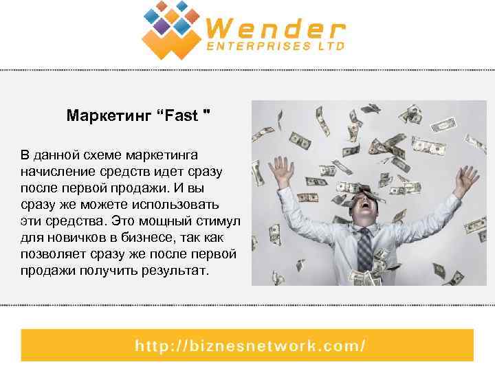 Маркетинг “Fast " В данной схеме маркетинга начисление средств идет сразу после первой продажи.
