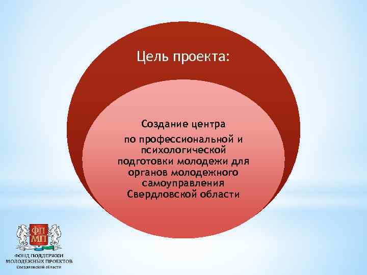 Цель проекта: Создание центра по профессиональной и психологической подготовки молодежи для органов молодежного самоуправления