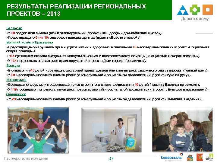 РЕЗУЛЬТАТЫ РЕАЛИЗАЦИИ РЕГИОНАЛЬНЫХ ПРОЕКТОВ – 2013 Балаково §У 80 подростков снижен риск правонарушений (проект