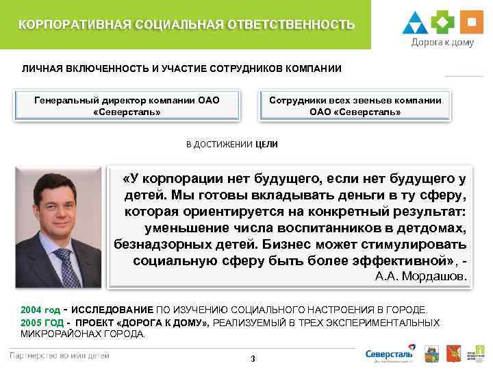 КОРПОРАТИВНАЯ СОЦИАЛЬНАЯ ОТВЕТСТВЕННОСТЬ ЛИЧНАЯ ВКЛЮЧЕННОСТЬ И УЧАСТИЕ СОТРУДНИКОВ КОМПАНИИ Генеральный директор компании ОАО «Северсталь»