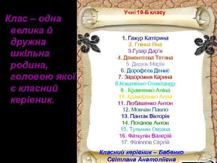 Клас – одна велика й дружна шкільна родина, головою якої є класний керівник. Учні
