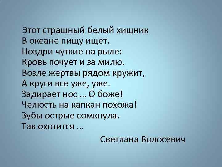  Этот страшный белый хищник В океане пищу ищет. Ноздри чуткие на рыле: Кровь