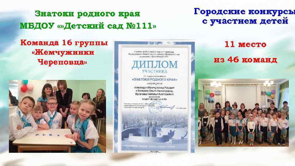 Знатоки родного края МБДОУ «» Детский сад № 111» Команда 16 группы «Жемчужинки Череповца»
