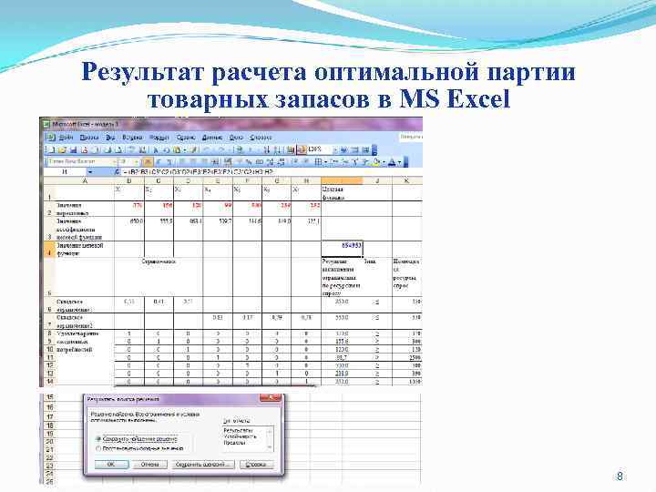 Результат расчета оптимальной партии товарных запасов в MS Excel 8 