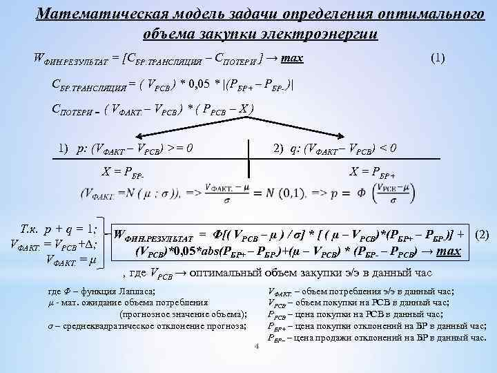 Математическая модель задачи определения оптимального объема закупки электроэнергии WФИН. РЕЗУЛЬТАТ = [СБР. ТРАНСЛЯЦИЯ –