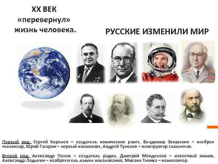 ХХ ВЕК «перевернул» жизнь человека. РУССКИЕ ИЗМЕНИЛИ МИР Первый ряд: Сергей Королев – создатель
