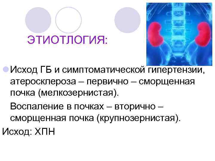 ЭТИОТЛОГИЯ: l Исход ГБ и симптоматической гипертензии, атеросклероза – первично – сморщенная почка (мелкозернистая).