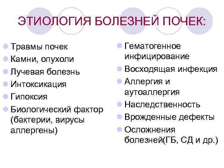 ЭТИОЛОГИЯ БОЛЕЗНЕЙ ПОЧЕК: l Травмы почек l Камни, опухоли l Лучевая болезнь l Интоксикация