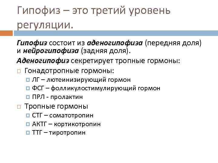 Гипофиз – это третий уровень регуляции. Гипофиз состоит из аденогипофиза (передняя доля) и нейрогипофиза