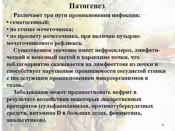 Патогенез Различают три пути проникновения инфекции: • гематогенный; • по стенке мочеточника; • по