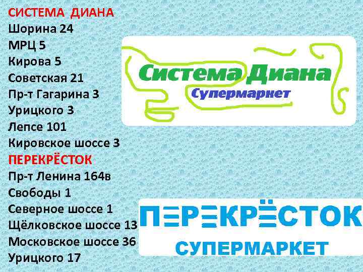 СИСТЕМА ДИАНА Шорина 24 МРЦ 5 Кирова 5 Советская 21 Пр-т Гагарина 3 Урицкого