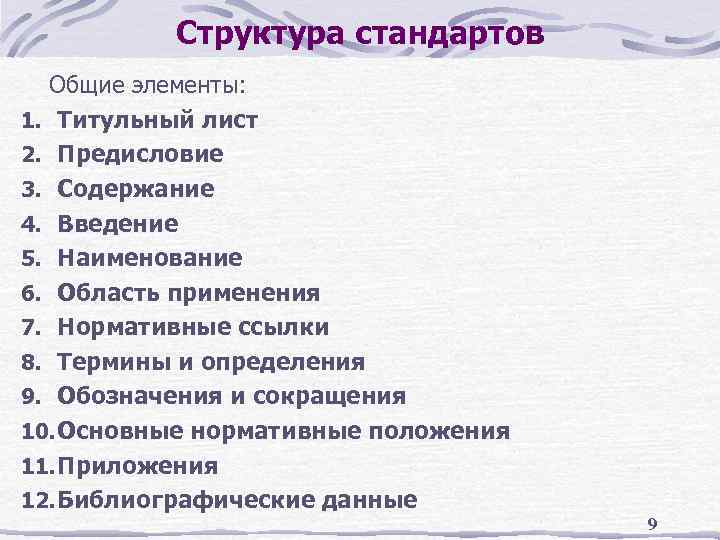 Структура стандартов Общие элементы: 1. Титульный лист 2. Предисловие 3. Содержание 4. Введение 5.