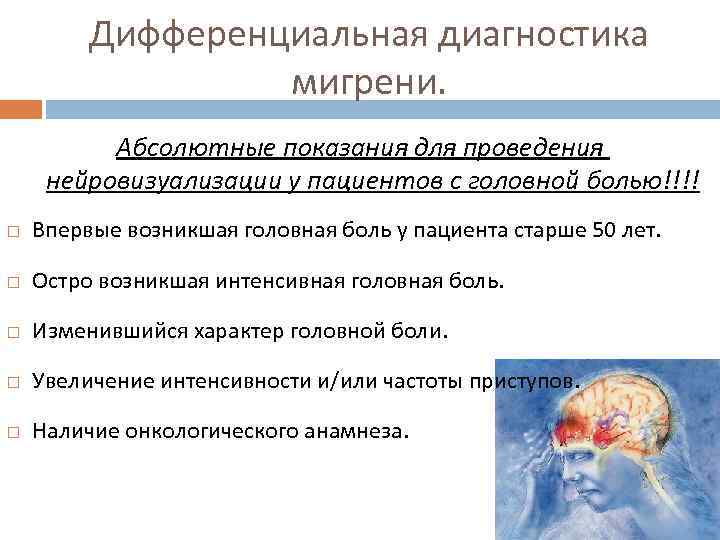 Дифференциальная диагностика мигрени. Абсолютные показания для проведения нейровизуализации у пациентов с головной болью!!!! Впервые