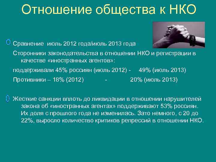 Отношение общества к НКО Сравнение июль 2012 года/июль 2013 года Сторонники законодательства в отношении