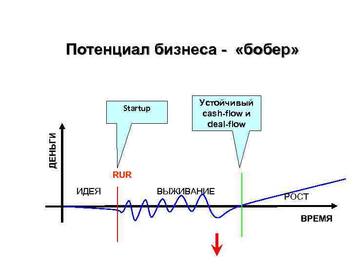 Потенциал бизнеса - «бобер» Устойчивый cash-flow и deal-flow ДЕНЬГИ Startup RUR ИДЕЯ ВЫЖИВАНИЕ РОСТ