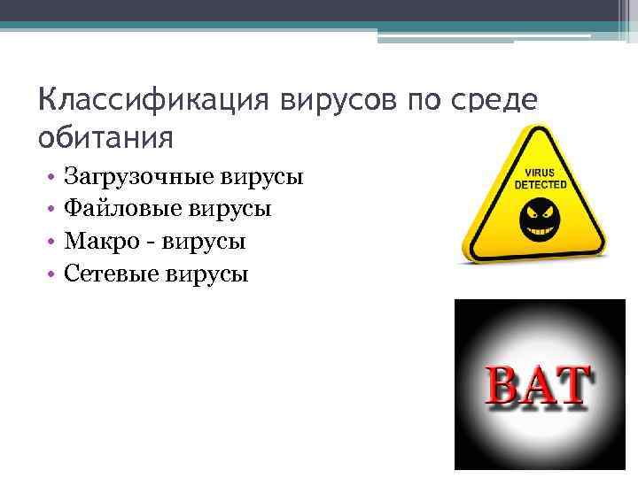 Классификация вирусов по среде обитания • • Загрузочные вирусы Файловые вирусы Макро - вирусы