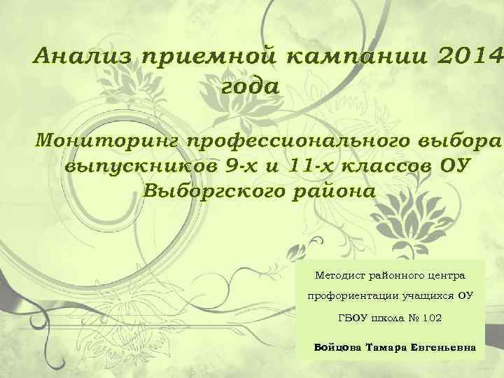 Анализ приемной кампании 2014 года Мониторинг профессионального выбора выпускников 9 -х и 11 -х