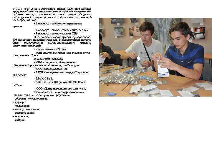  В 2014 году АЗН Выборгского района СПб организовано трудоустройство несовершеннолетних граждан на временные