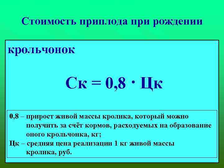 Стоимость приплода при рождении крольчонок Ск = 0, 8 · Цк 0, 8 –