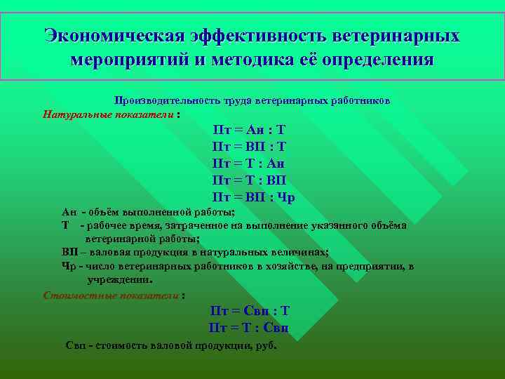 Экономическая эффективность ветеринарных мероприятий и методика её определения Производительность труда ветеринарных работников Натуральные показатели