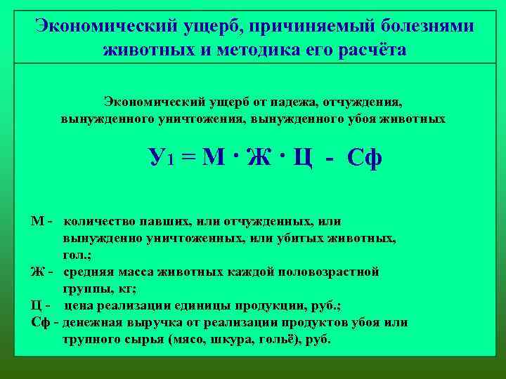 Экономический ущерб, причиняемый болезнями животных и методика его расчёта Экономический ущерб от падежа, отчуждения,