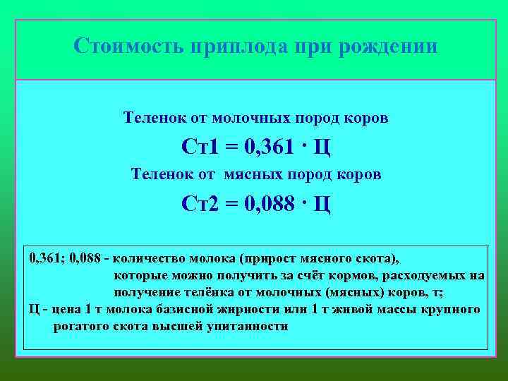 Стоимость приплода при рождении Теленок от молочных пород коров Ст1 = 0, 361 ·