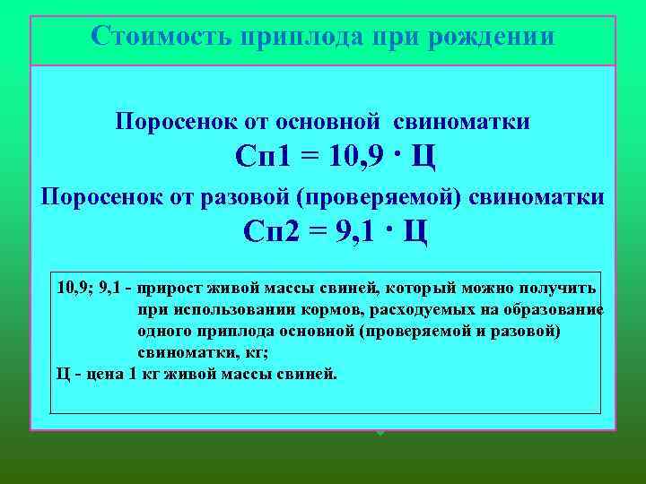 Стоимость приплода при рождении Поросенок от основной свиноматки Сп 1 = 10, 9 ·