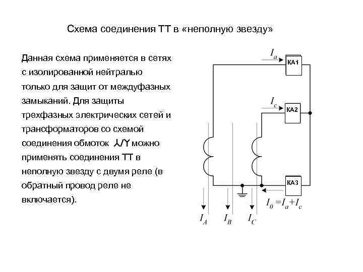 Схема соединения трансформаторов тока и обмоток реле в неполную звезду