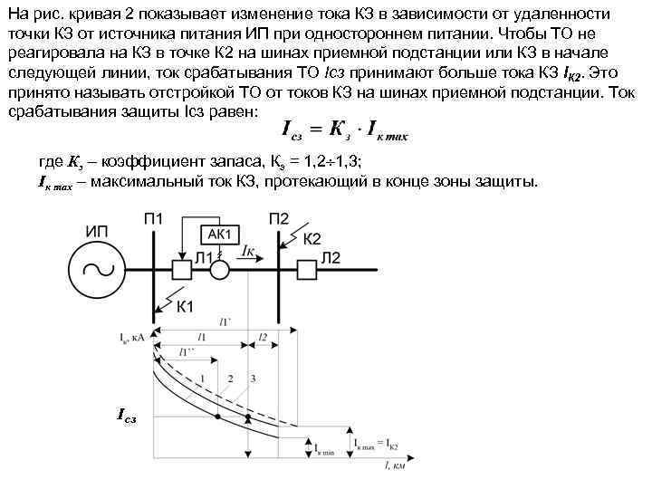 На рис. кривая 2 показывает изменение тока КЗ в зависимости от удаленности точки КЗ