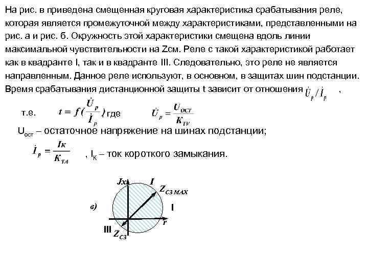 На рис. в приведена смещенная круговая характеристика срабатывания реле, которая является промежуточной между характеристиками,