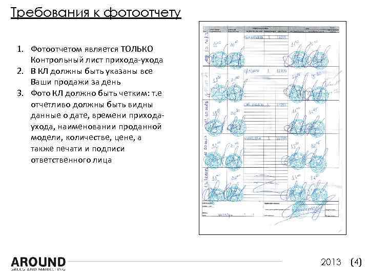 Требования к фотоотчету 1. Фотоотчетом является ТОЛЬКО Контрольный лист прихода-ухода 2. В КЛ должны